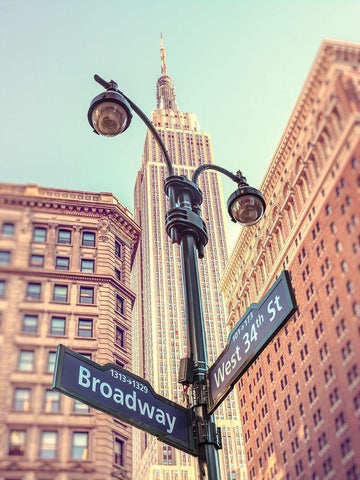 Street lamp and street signs with Empire State building in background - New York White Modern Wood Framed Art Print with Double Matting by Frank, Assaf
