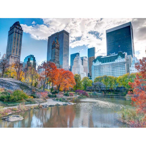 Pond at Central Park with Manhattan skyline, New York Black Modern Wood Framed Art Print with Double Matting by Frank, Assaf