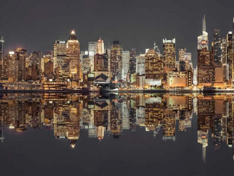 Illuminated Manhattan skyline at twilight - New York City Black Ornate Wood Framed Art Print with Double Matting by Frank, Assaf