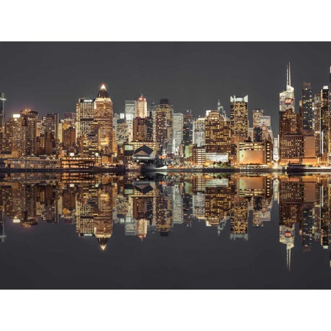 Illuminated Manhattan skyline at twilight - New York City Black Modern Wood Framed Art Print with Double Matting by Frank, Assaf