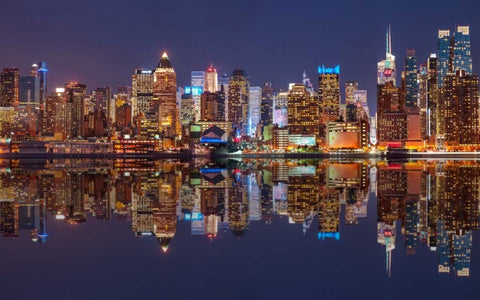 Illuminated Manhattan skyline at twilight - New York City Black Ornate Wood Framed Art Print with Double Matting by Frank, Assaf