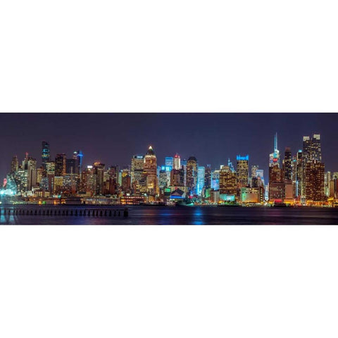 Illuminated Manhattan skyline at twilight - New York City Black Modern Wood Framed Art Print with Double Matting by Frank, Assaf