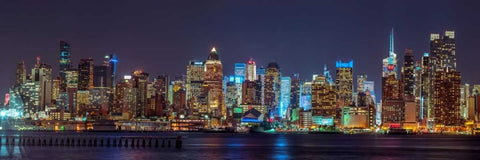 Illuminated Manhattan skyline at twilight - New York City Black Ornate Wood Framed Art Print with Double Matting by Frank, Assaf