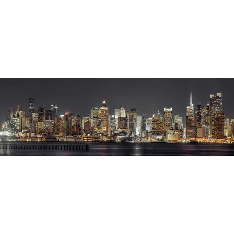 Illuminated Manhattan skyline at twilight - New York City White Modern Wood Framed Art Print by Frank, Assaf
