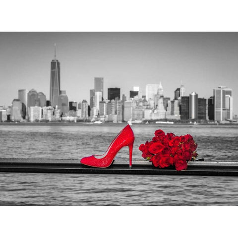 High heel shoe with bunch of roses against Lower manhattan skyline, New York Gold Ornate Wood Framed Art Print with Double Matting by Frank, Assaf