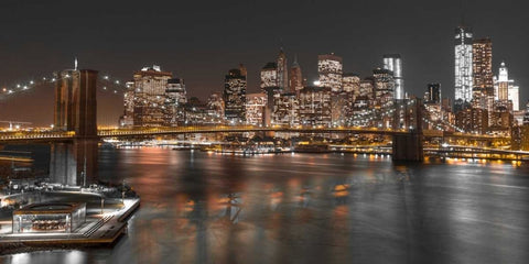 Brooklyn Bridge with Manhattan skyline, New York White Modern Wood Framed Art Print with Double Matting by Frank, Assaf