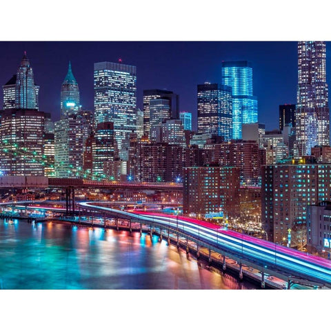 Strip lights on streets of Manhattan by east river, New York Black Modern Wood Framed Art Print with Double Matting by Frank, Assaf