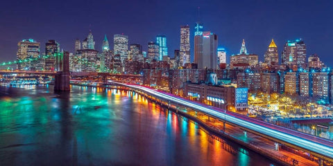 Strip lights on streets of Manhattan by east river, New York White Modern Wood Framed Art Print with Double Matting by Frank, Assaf