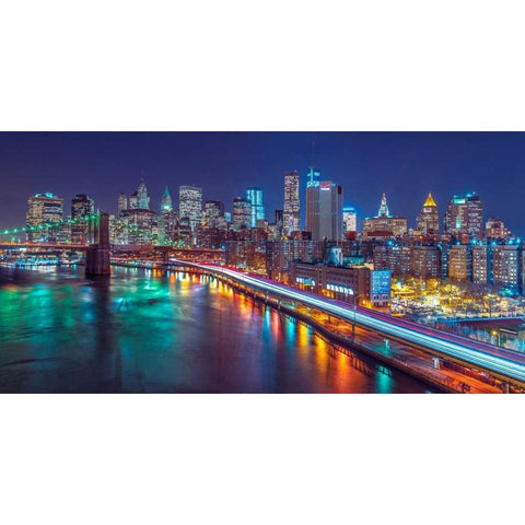 Strip lights on streets of Manhattan by east river, New York Black Modern Wood Framed Art Print with Double Matting by Frank, Assaf