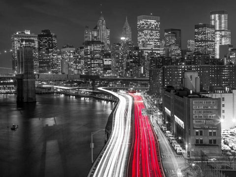 Strip lights on streets of Manhattan by east river, New York Black Ornate Wood Framed Art Print with Double Matting by Frank, Assaf