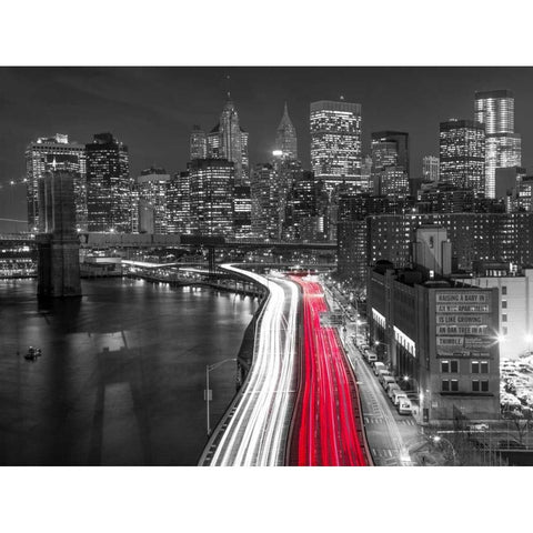 Strip lights on streets of Manhattan by east river, New York Black Modern Wood Framed Art Print with Double Matting by Frank, Assaf