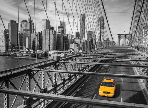 Cab on Brooklyn Bridge, Manhattan, New York White Modern Wood Framed Art Print with Double Matting by Frank, Assaf