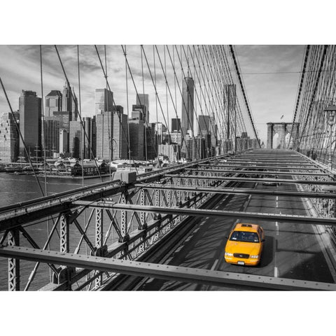 Cab on Brooklyn Bridge, Manhattan, New York White Modern Wood Framed Art Print by Frank, Assaf