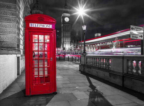 Telephone box with Big Ben, London, Uk White Modern Wood Framed Art Print with Double Matting by Frank, Assaf