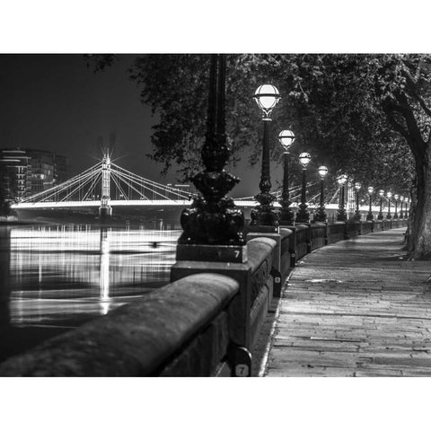 London Riverside Promenade with Albert Bridge Black Modern Wood Framed Art Print with Double Matting by Frank, Assaf