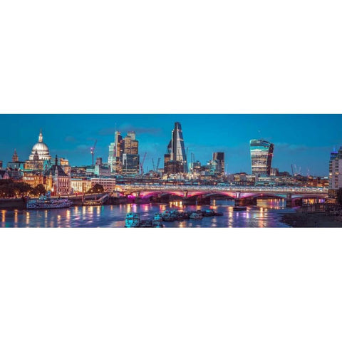 Evening view of Blackfriars Bridge over River Thames with London skyline, FTBR-1853 Black Modern Wood Framed Art Print with Double Matting by Frank, Assaf