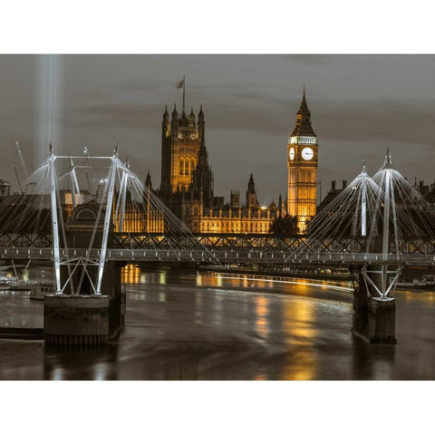 Evening view of Golden Jubilee over River Thames with Westminster Abby Black Modern Wood Framed Art Print with Double Matting by Frank, Assaf