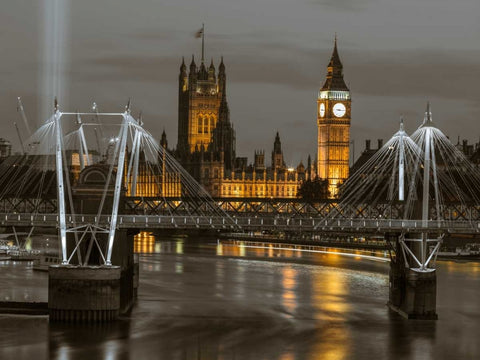 Evening view of Golden Jubilee over River Thames with Westminster Abby White Modern Wood Framed Art Print with Double Matting by Frank, Assaf