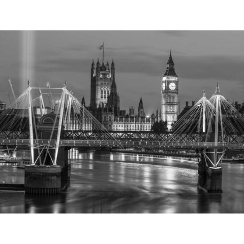 Evening view of Golden Jubilee over River Thames with Westminster Abby Black Modern Wood Framed Art Print with Double Matting by Frank, Assaf