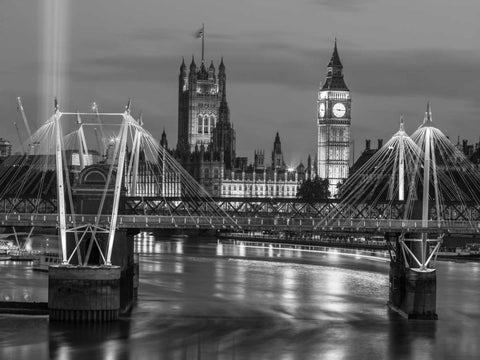 Evening view of Golden Jubilee over River Thames with Westminster Abby Black Ornate Wood Framed Art Print with Double Matting by Frank, Assaf