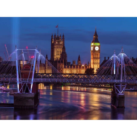 Evening view of Golden Jubilee over River Thames with Westminster Abby Black Modern Wood Framed Art Print with Double Matting by Frank, Assaf
