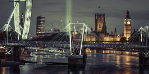 Night view of the London Eye, Golden Jubilee bridge and Westminster, London, UK White Modern Wood Framed Art Print with Double Matting by Frank, Assaf