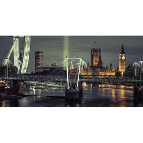 Night view of the London Eye, Golden Jubilee bridge and Westminster, London, UK Black Modern Wood Framed Art Print with Double Matting by Frank, Assaf