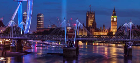 Night view of the London Eye, Golden Jubilee bridge and Westminster, London, UK White Modern Wood Framed Art Print with Double Matting by Frank, Assaf