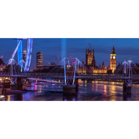 Night view of the London Eye, Golden Jubilee bridge and Westminster, London, UK Black Modern Wood Framed Art Print with Double Matting by Frank, Assaf
