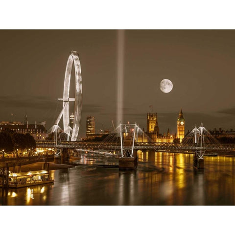 Night view of the London Eye, Golden Jubilee bridge and Westminster, London, UK Black Modern Wood Framed Art Print with Double Matting by Frank, Assaf