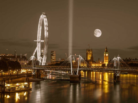 Night view of the London Eye, Golden Jubilee bridge and Westminster, London, UK Black Ornate Wood Framed Art Print with Double Matting by Frank, Assaf