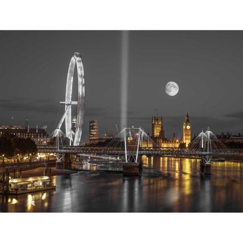 Night view of the London Eye, Golden Jubilee bridge and Westminster, London, UK Black Modern Wood Framed Art Print with Double Matting by Frank, Assaf