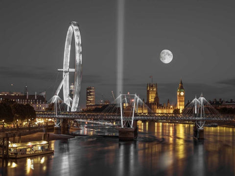 Night view of the London Eye, Golden Jubilee bridge and Westminster, London, UK Black Ornate Wood Framed Art Print with Double Matting by Frank, Assaf