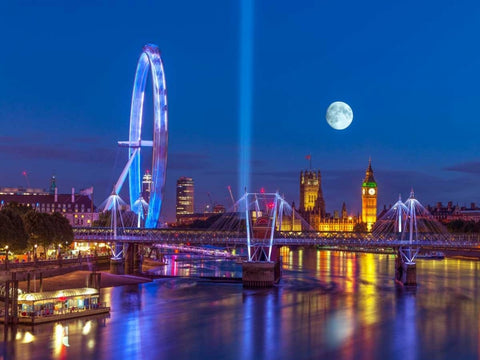 Night view of the London Eye, Golden Jubilee bridge and Westminster, London, UK Black Ornate Wood Framed Art Print with Double Matting by Frank, Assaf