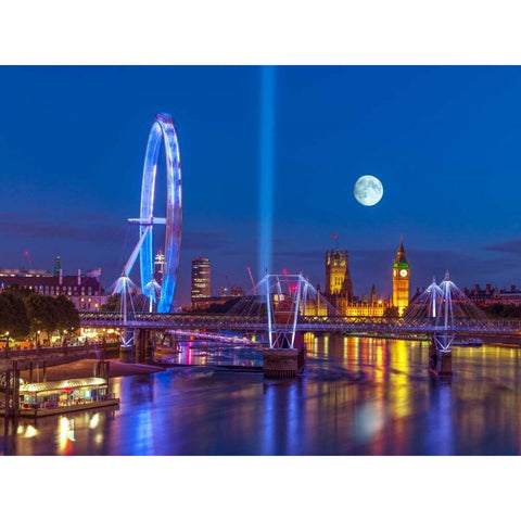 Night view of the London Eye, Golden Jubilee bridge and Westminster, London, UK Black Modern Wood Framed Art Print with Double Matting by Frank, Assaf