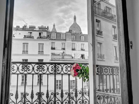 Bunch of flowers on balcony railing in an apartment of Montmartre, Paris, France White Modern Wood Framed Art Print with Double Matting by Frank, Assaf