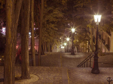 Street lights on steep stairs in city of Montmartre, Paris White Modern Wood Framed Art Print with Double Matting by Frank, Assaf