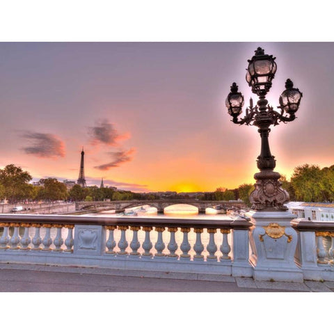 Street light on a bridge with Eiffel Tower in bakcground, Paris, France Black Modern Wood Framed Art Print with Double Matting by Frank, Assaf