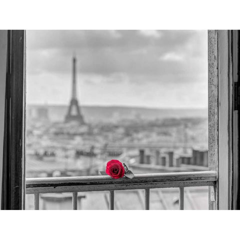 Rose on balcony railing with Eiffel Tower in background, Paris, France Gold Ornate Wood Framed Art Print with Double Matting by Frank, Assaf
