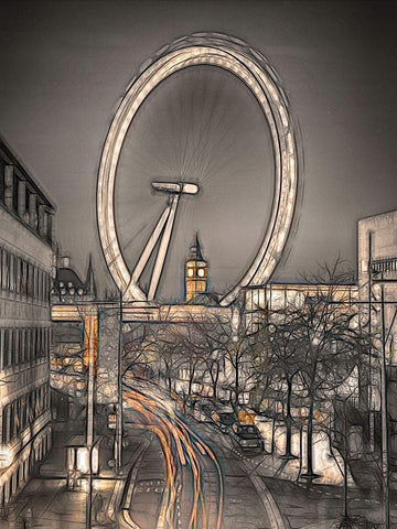Night shot of London street with Millennium wheel in background Black Ornate Wood Framed Art Print with Double Matting by Frank, Assaf