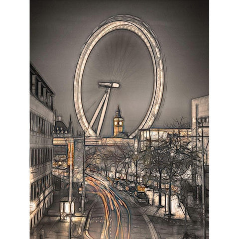 Night shot of London street with Millennium wheel in background Black Modern Wood Framed Art Print with Double Matting by Frank, Assaf