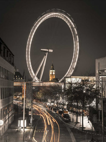 Night shot of London street with Millennium wheel in background White Modern Wood Framed Art Print with Double Matting by Frank, Assaf