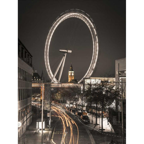 Night shot of London street with Millennium wheel in background Black Modern Wood Framed Art Print with Double Matting by Frank, Assaf