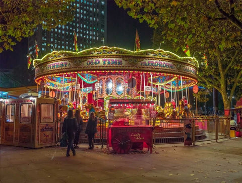 Spinning carousel at night in garden, London, UK White Modern Wood Framed Art Print with Double Matting by Frank, Assaf