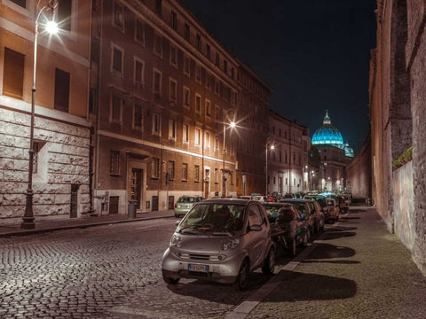 Vehicles parked on narrow city streets of Rome, Italy White Modern Wood Framed Art Print with Double Matting by Frank, Assaf