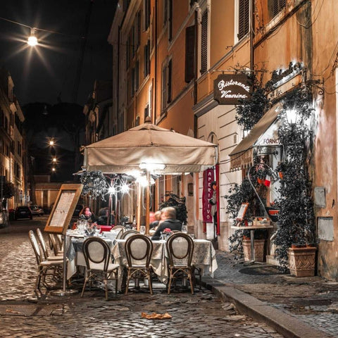 Sidewalk cafe on narrow streets of Rome, Italy, FTBR-1804 Black Modern Wood Framed Art Print with Double Matting by Frank, Assaf