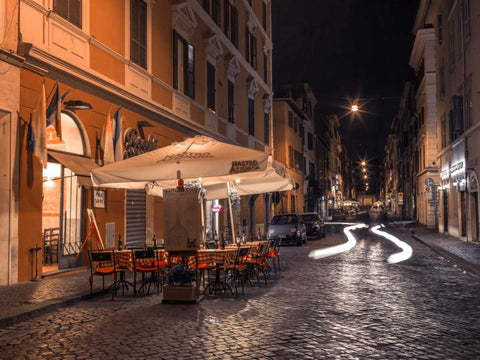 Sidewalk cafe on narrow streets of Rome, Italy, FTBR-1825 Black Ornate Wood Framed Art Print with Double Matting by Frank, Assaf