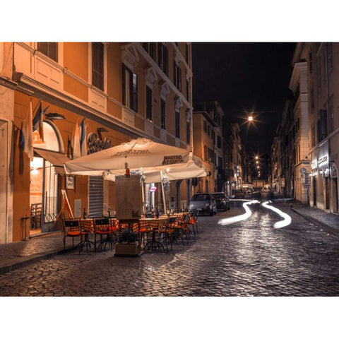 Sidewalk cafe on narrow streets of Rome, Italy, FTBR-1825 Black Modern Wood Framed Art Print with Double Matting by Frank, Assaf