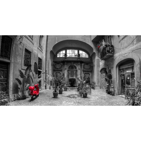 Old Fashioned house with potted plants and scooter, Rome, Italy Black Modern Wood Framed Art Print with Double Matting by Frank, Assaf