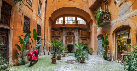 Old Fashioned house with potted plants and scooter, Rome, Italy Black Ornate Wood Framed Art Print with Double Matting by Frank, Assaf